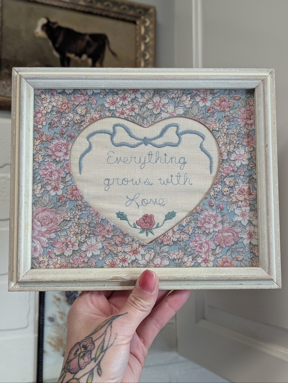 VTG 80s Shabby Chic Handmade Framed Heart Love Quote  Embroidery Wall Art 3D